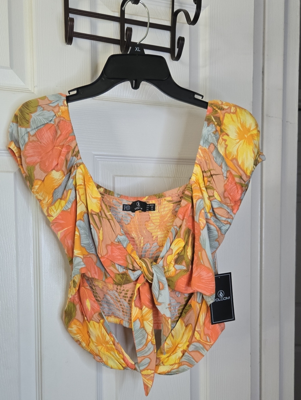 Volcom Women's Floral Tie-Front Crop Top in Orange & Yellow